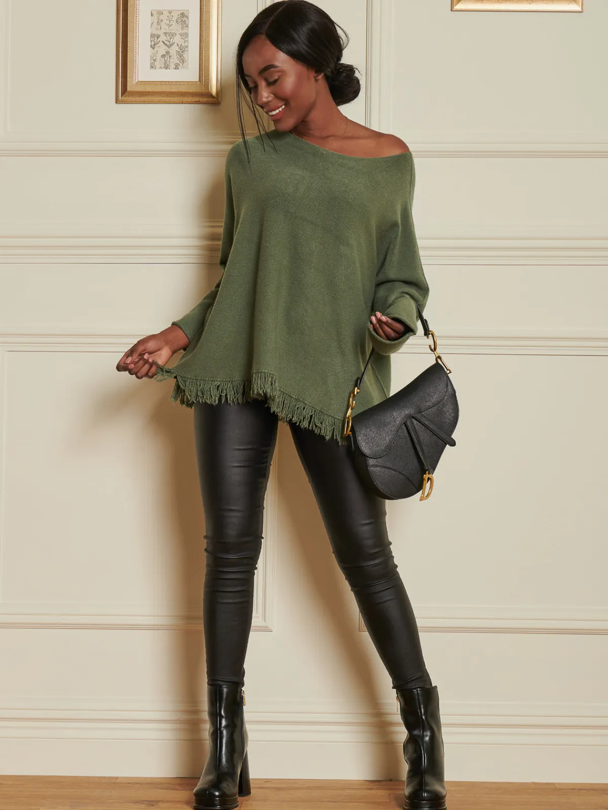 Jolie Moi Co-Ords-Knitted Fringe Detail Jumper, Soldier Green