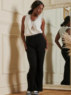 Jolie Moi Co-Ords|Weekend Casuals-Knitted Fringe Detail Trousers, Black