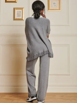 Jolie Moi Co-Ords|Weekend Casuals-Knitted Fringe Detail Trousers, Grey