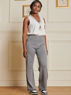 Jolie Moi Co-Ords|Weekend Casuals-Knitted Fringe Detail Trousers, Grey