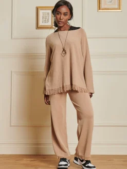 Jolie Moi Co-Ords|Weekend Casuals-Knitted Fringe Detail Trousers, Khaki