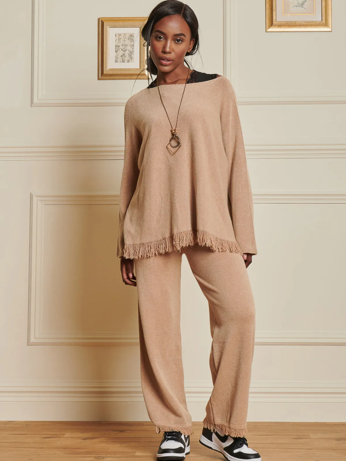 Jolie Moi Co-Ords|Weekend Casuals-Knitted Fringe Detail Trousers, Khaki