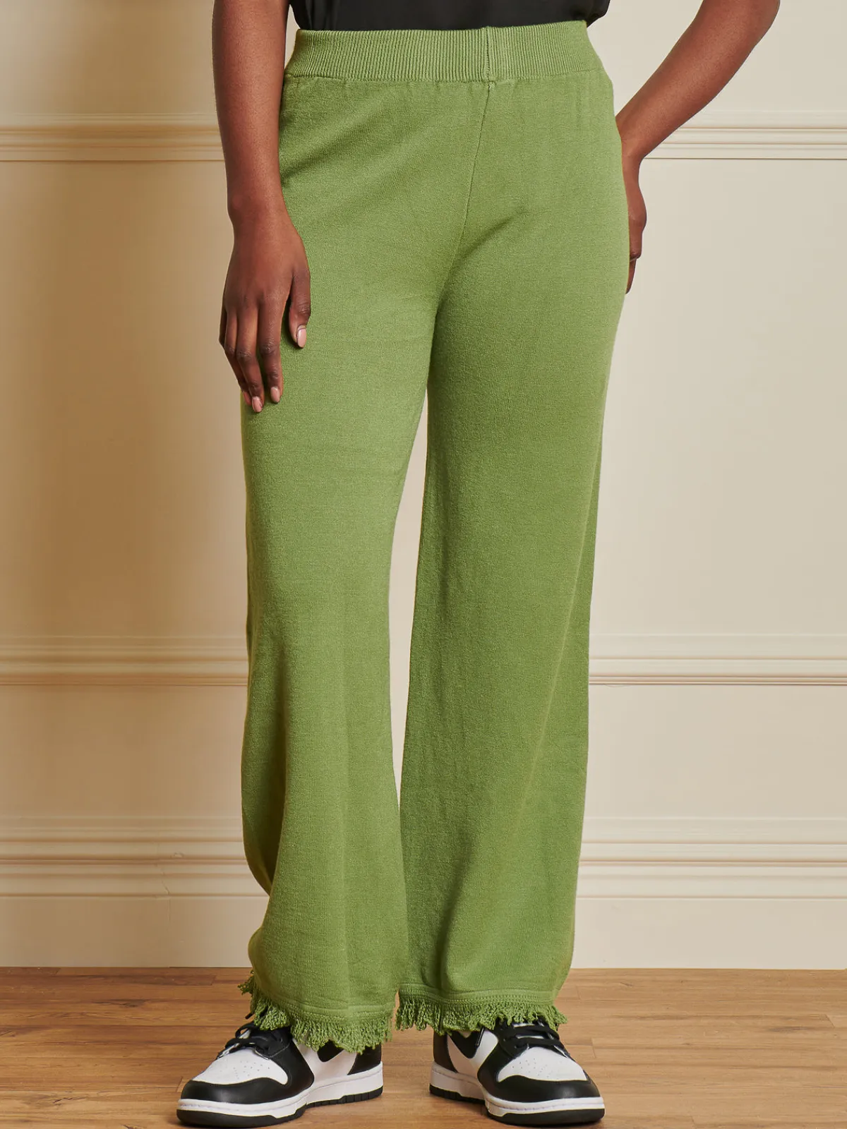 Jolie Moi Co-Ords|Knitted Trousers-Knitted Fringe Detail Trousers, Olive Green