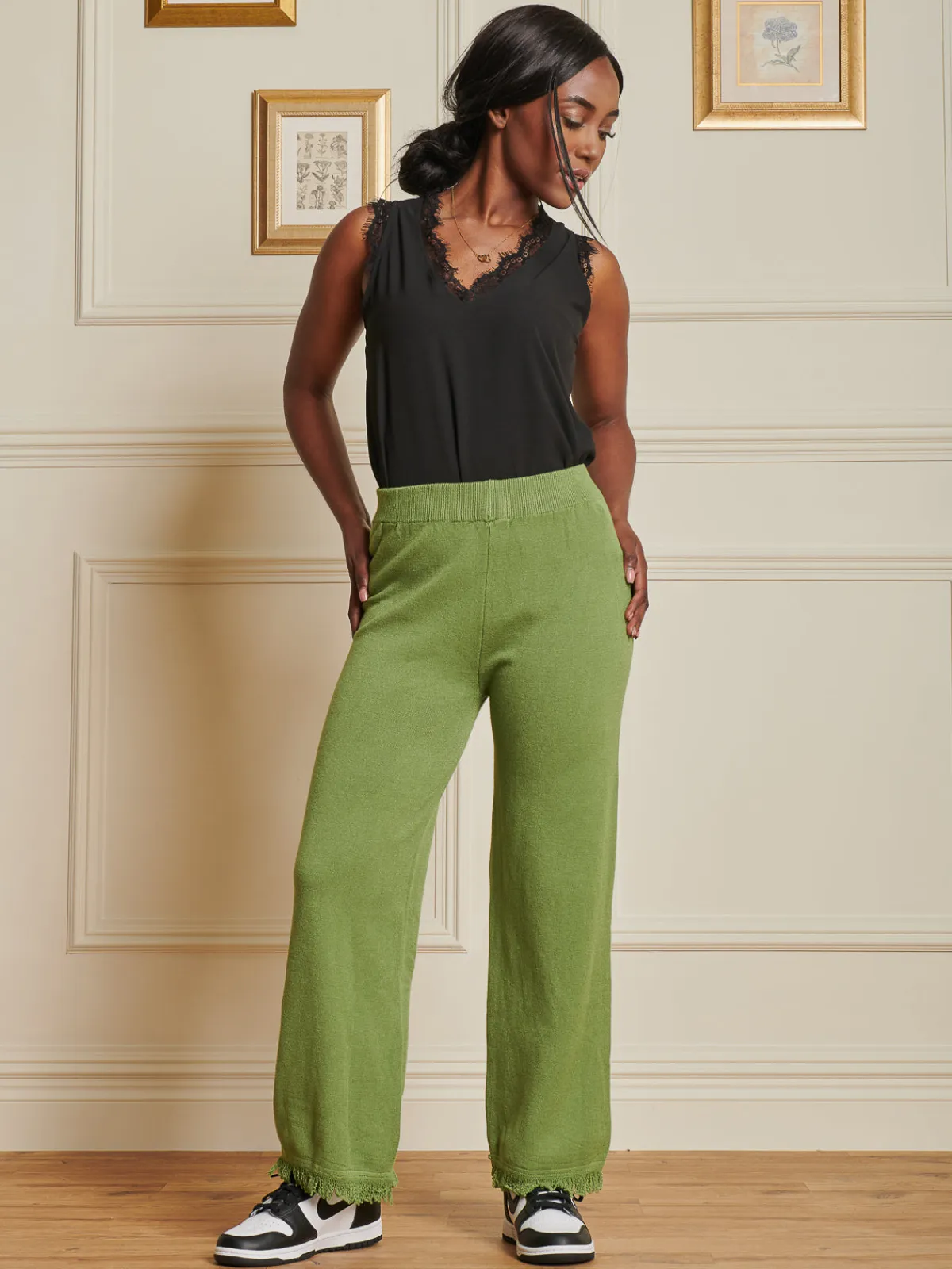 Jolie Moi Co-Ords|Knitted Trousers-Knitted Fringe Detail Trousers, Olive Green