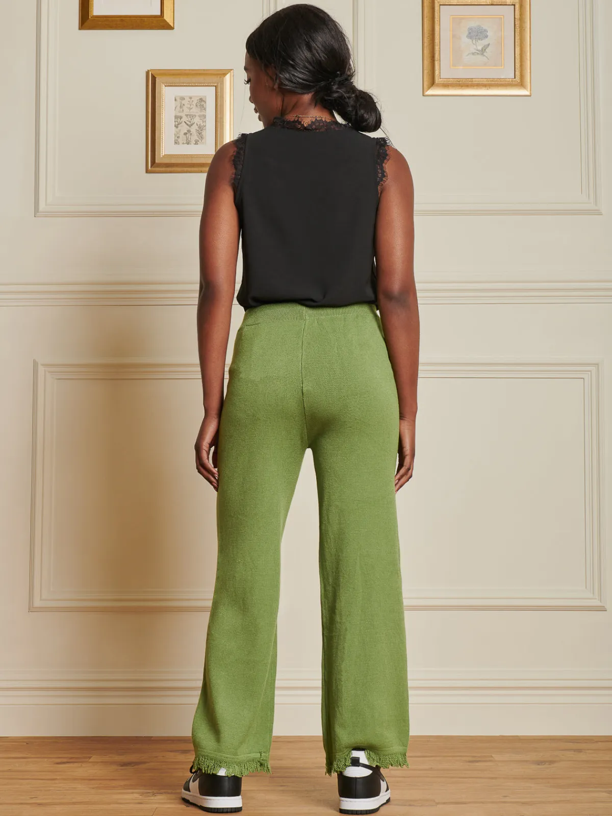 Jolie Moi Co-Ords|Knitted Trousers-Knitted Fringe Detail Trousers, Olive Green