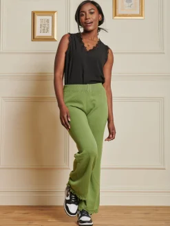Jolie Moi Co-Ords|Knitted Trousers-Knitted Fringe Detail Trousers, Olive Green