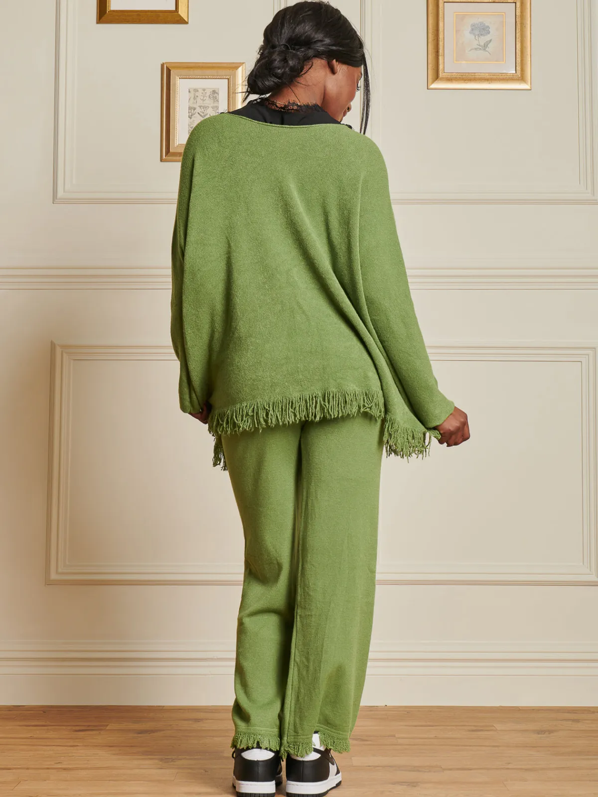 Jolie Moi Co-Ords|Knitted Trousers-Knitted Fringe Detail Trousers, Olive Green