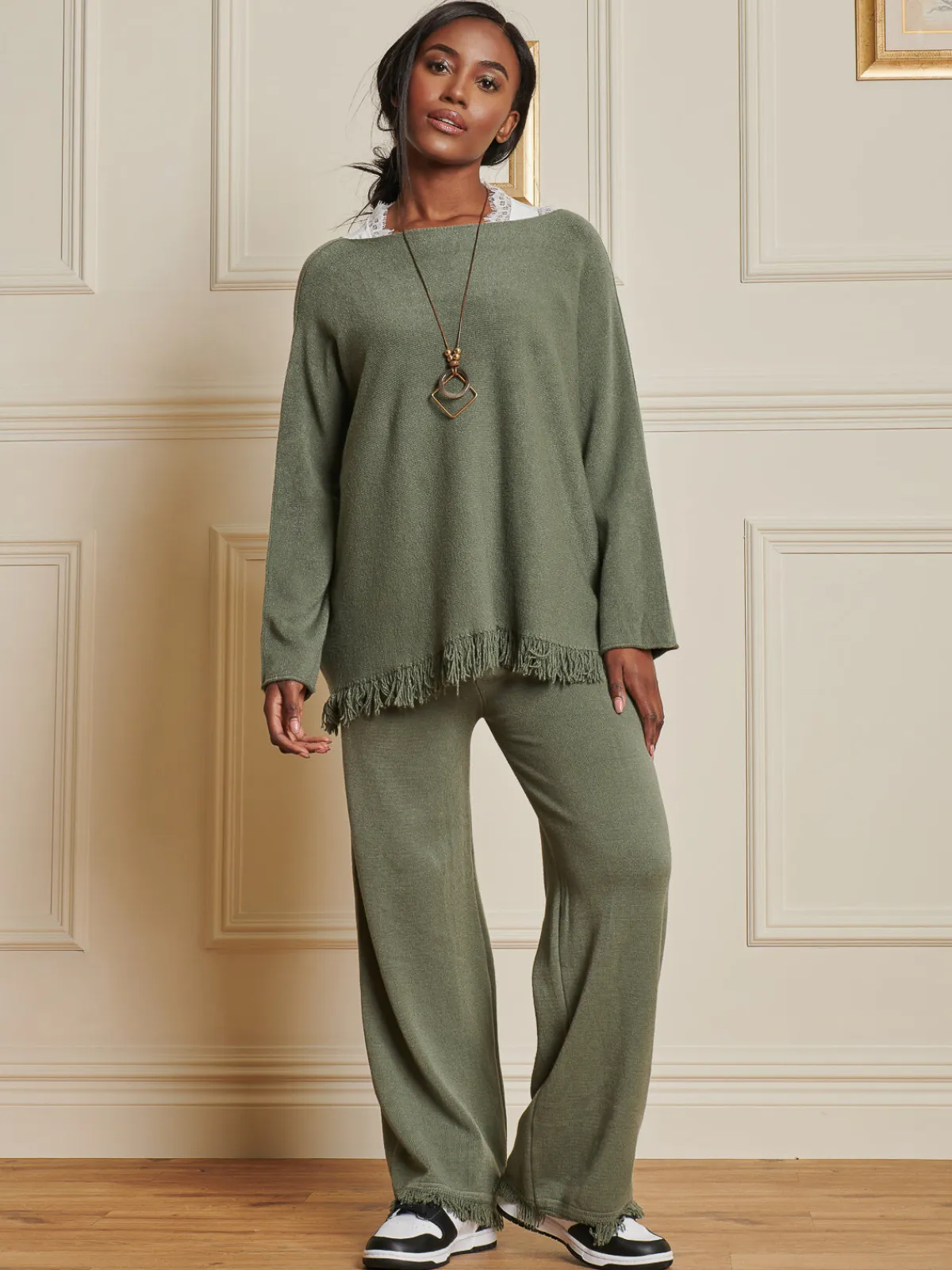 Jolie Moi Co-Ords|Weekend Casuals-Knitted Fringe Detail Trousers, Soldier Green