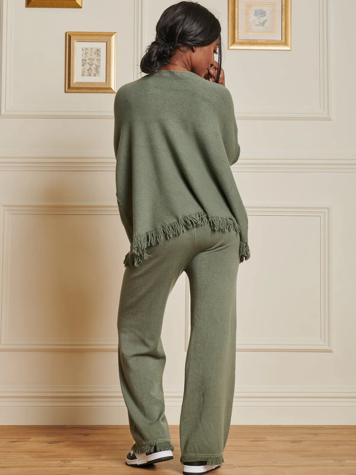Jolie Moi Co-Ords|Weekend Casuals-Knitted Fringe Detail Trousers, Soldier Green