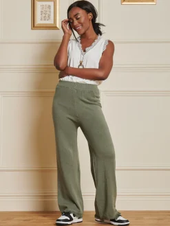 Jolie Moi Co-Ords|Weekend Casuals-Knitted Fringe Detail Trousers, Soldier Green