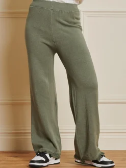 Jolie Moi Co-Ords|Weekend Casuals-Knitted Fringe Detail Trousers, Soldier Green