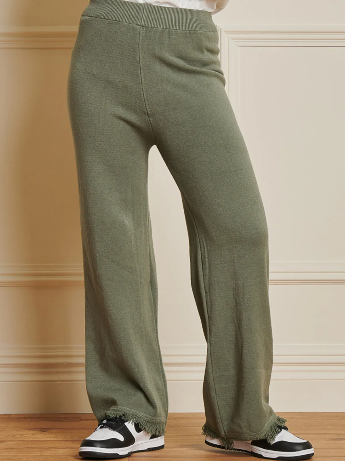 Jolie Moi Co-Ords|Weekend Casuals-Knitted Fringe Detail Trousers, Soldier Green
