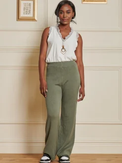 Jolie Moi Co-Ords|Weekend Casuals-Knitted Fringe Detail Trousers, Soldier Green