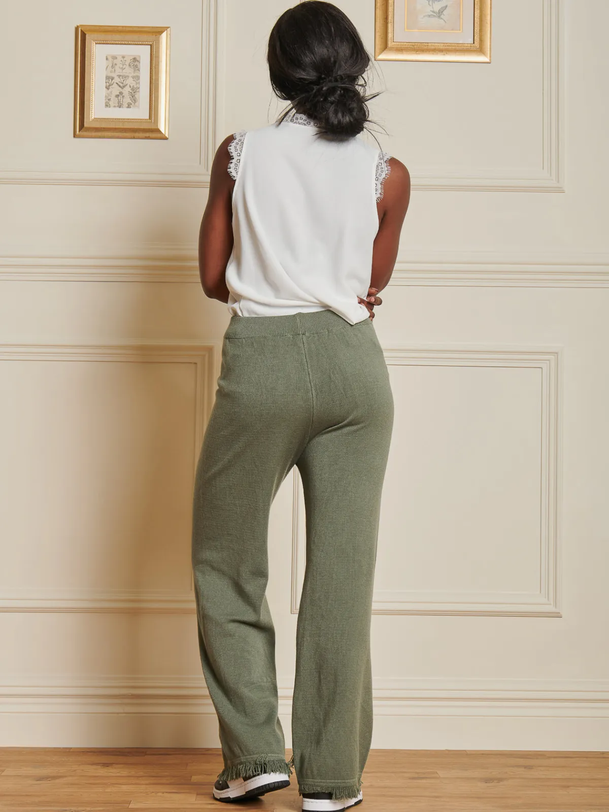 Jolie Moi Co-Ords|Weekend Casuals-Knitted Fringe Detail Trousers, Soldier Green
