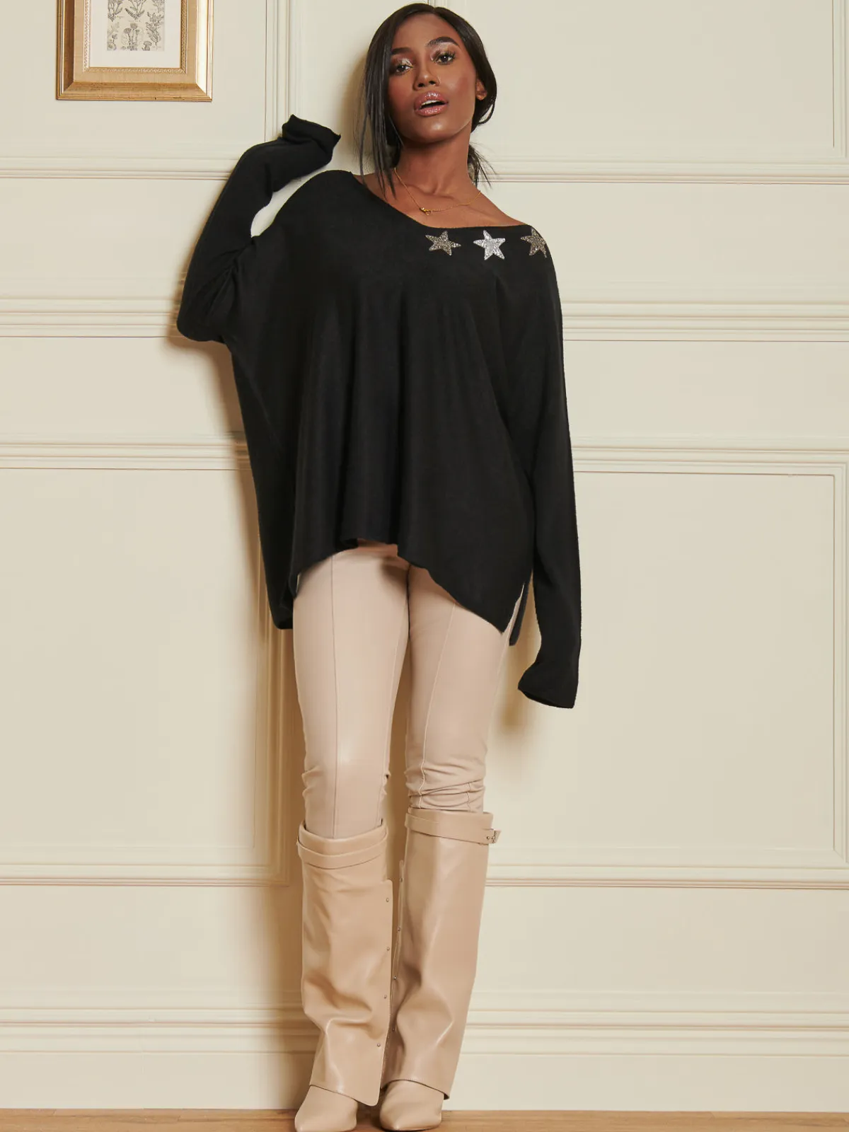 Jolie Moi Knitted Jumpers-Knitted Rhinest Star Neck Jumper, Black
