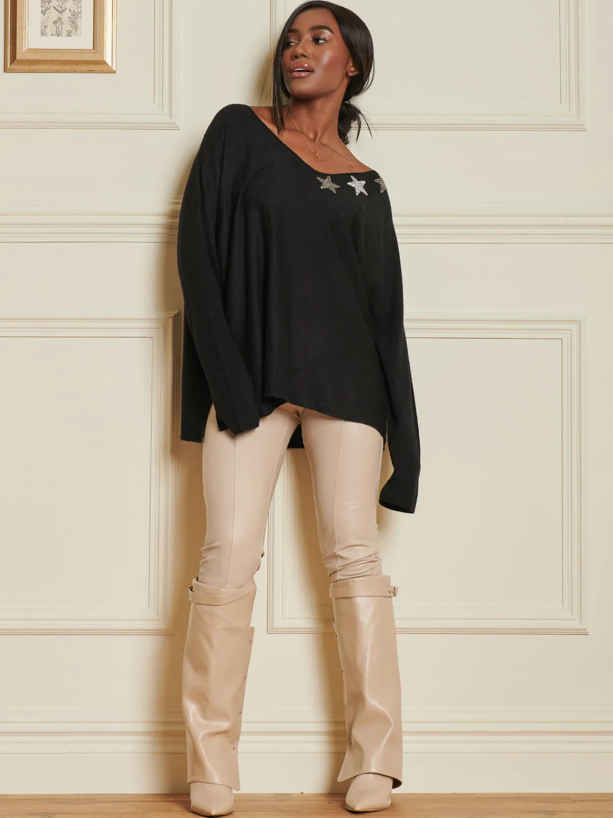 Jolie Moi Knitted Jumpers-Knitted Rhinest Star Neck Jumper, Black