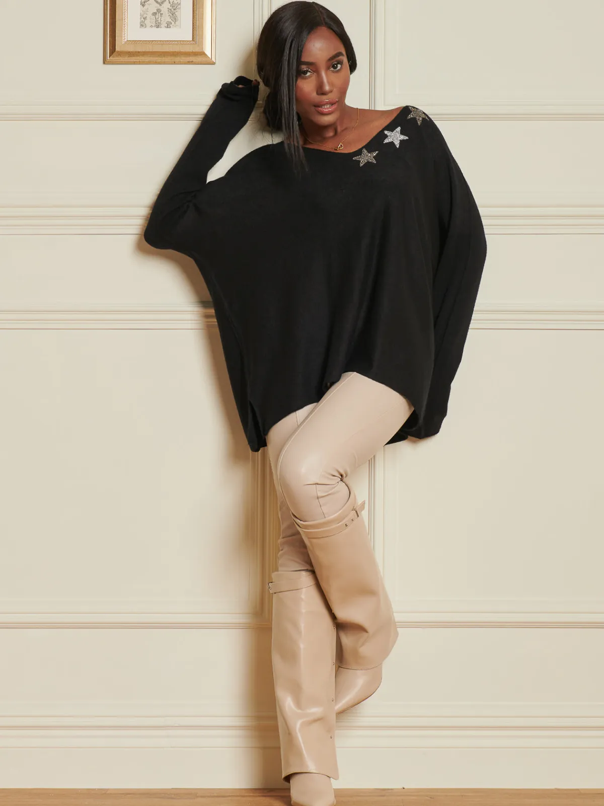 Jolie Moi Knitted Jumpers-Knitted Rhinest Star Neck Jumper, Black