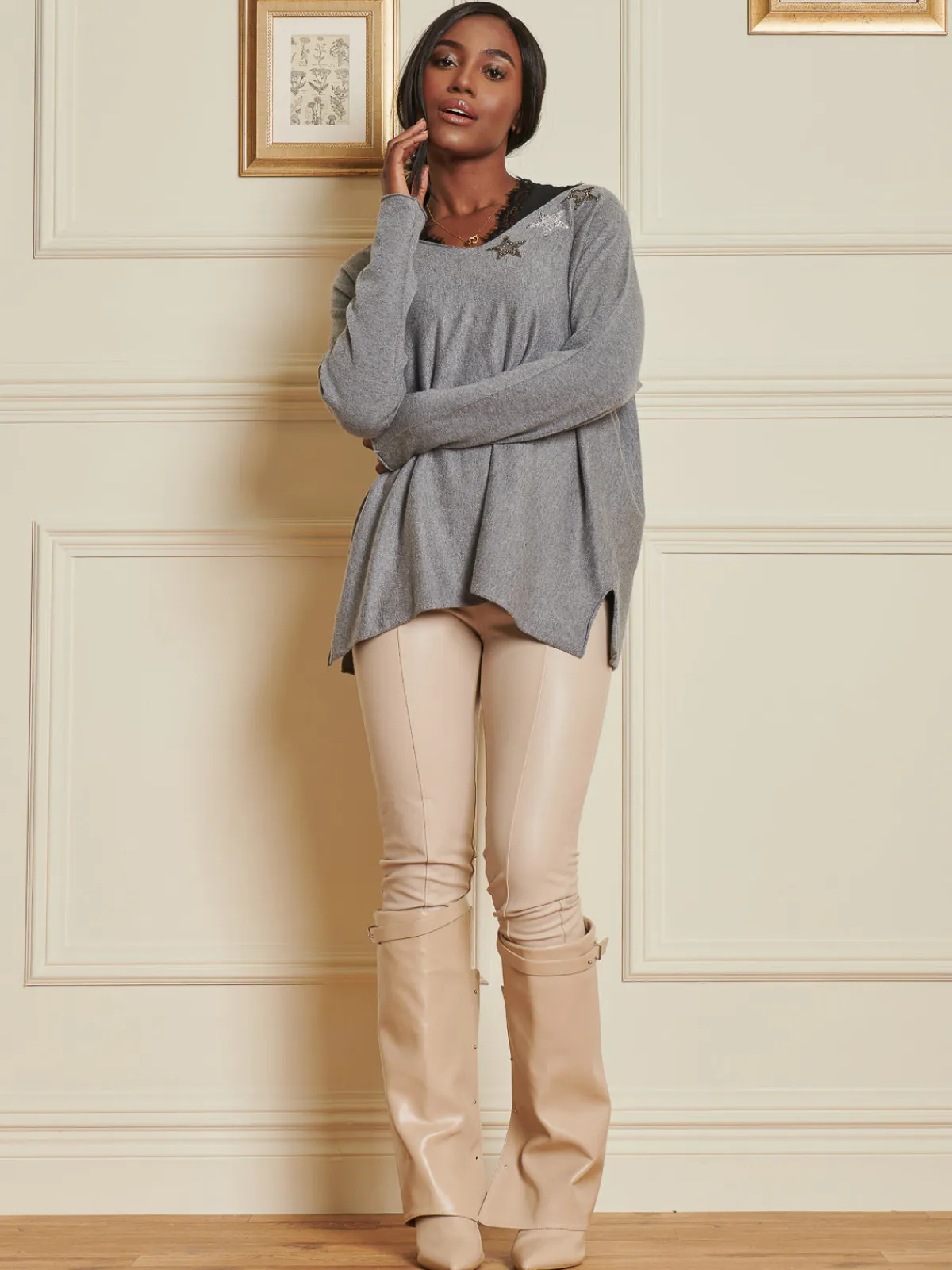 Jolie Moi Knitted Jumpers-Knitted Rhinest Star Neck Jumper, Grey