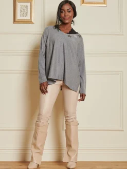 Jolie Moi Knitted Jumpers-Knitted Rhinest Star Neck Jumper, Grey