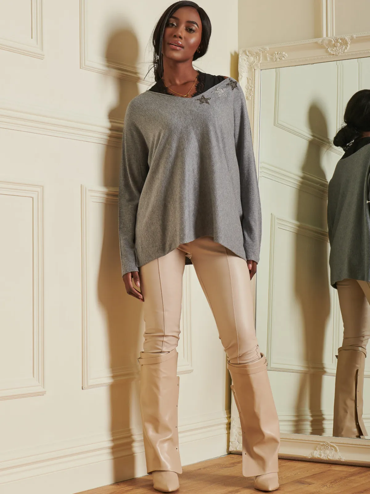 Jolie Moi Knitted Jumpers-Knitted Rhinest Star Neck Jumper, Grey
