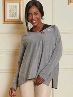 Jolie Moi Knitted Jumpers-Knitted Rhinest Star Neck Jumper, Grey