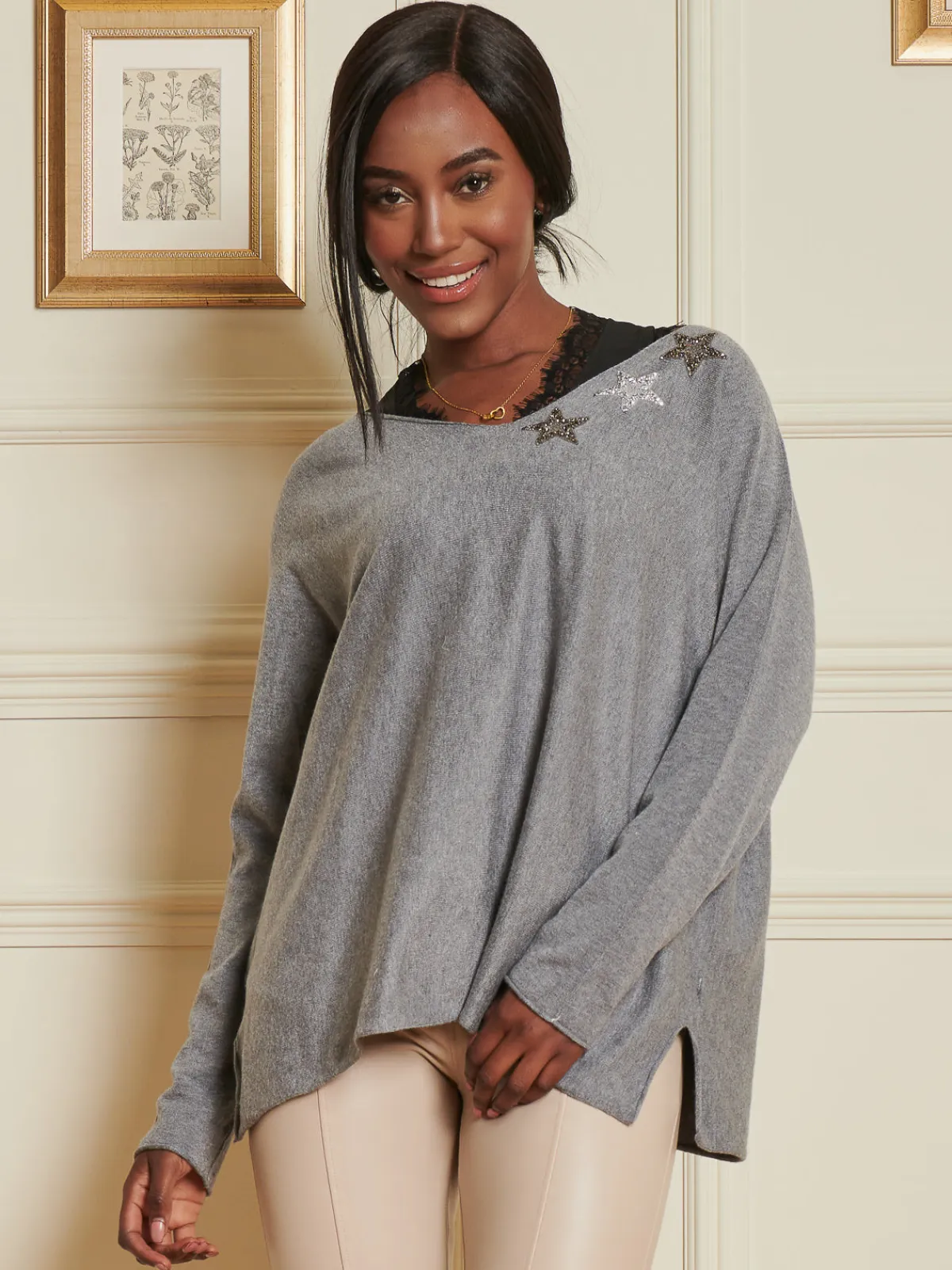 Jolie Moi Knitted Jumpers-Knitted Rhinest Star Neck Jumper, Grey