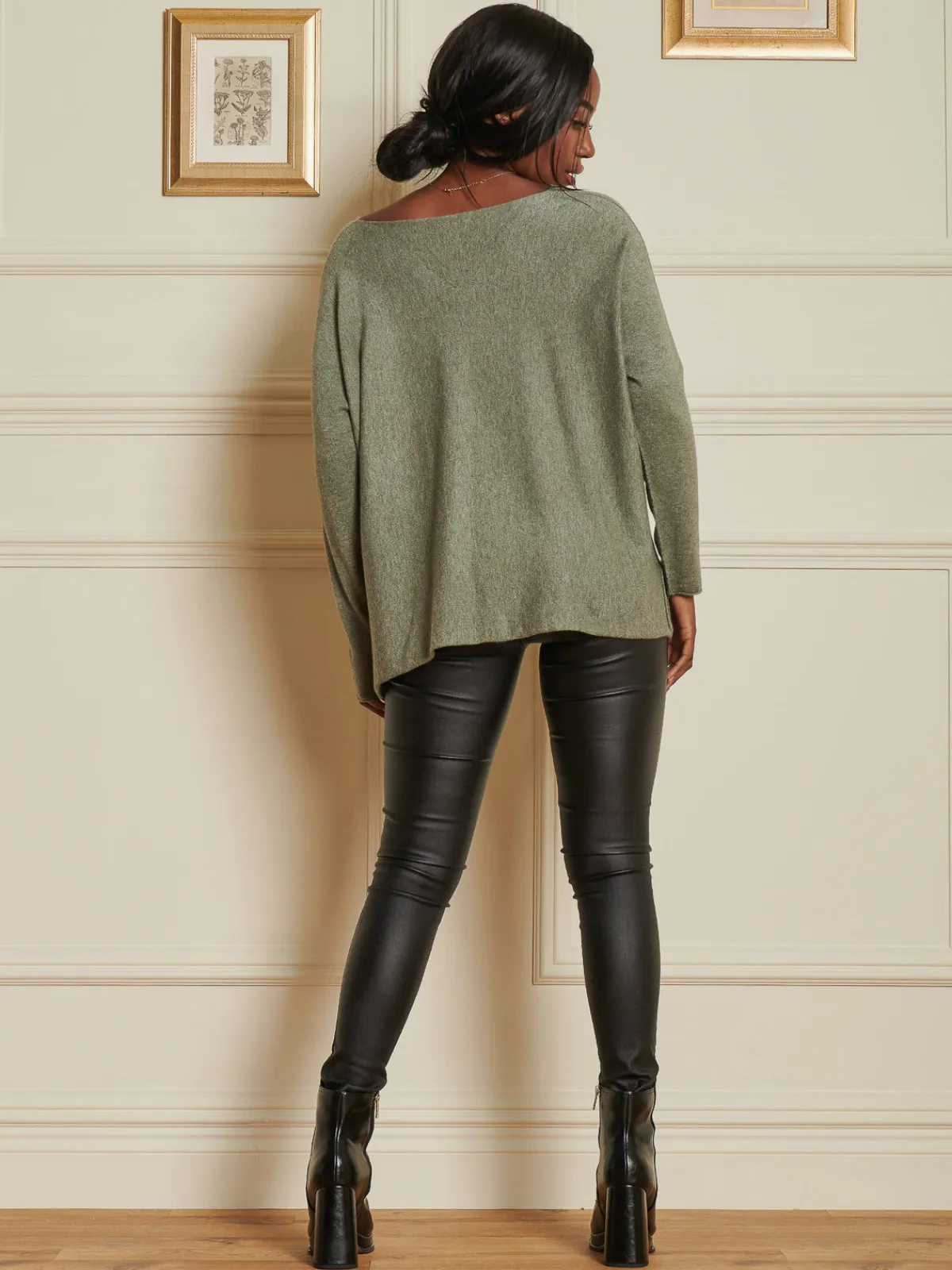 Jolie Moi Knitted Jumpers-Knitted Rhinest Star Neck Jumper, Khaki Green