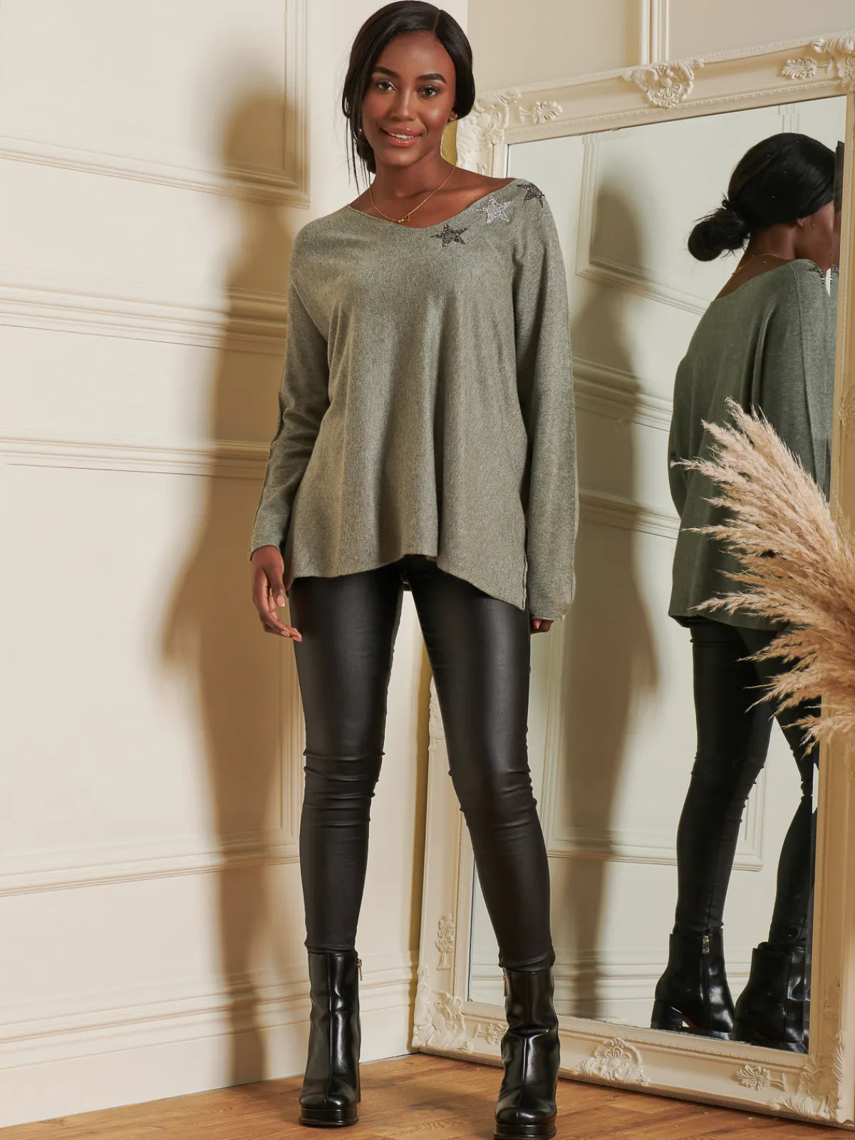 Jolie Moi Knitted Jumpers-Knitted Rhinest Star Neck Jumper, Khaki Green