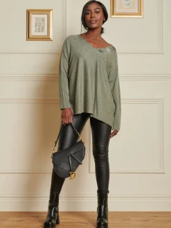 Jolie Moi Knitted Jumpers-Knitted Rhinest Star Neck Jumper, Khaki Green