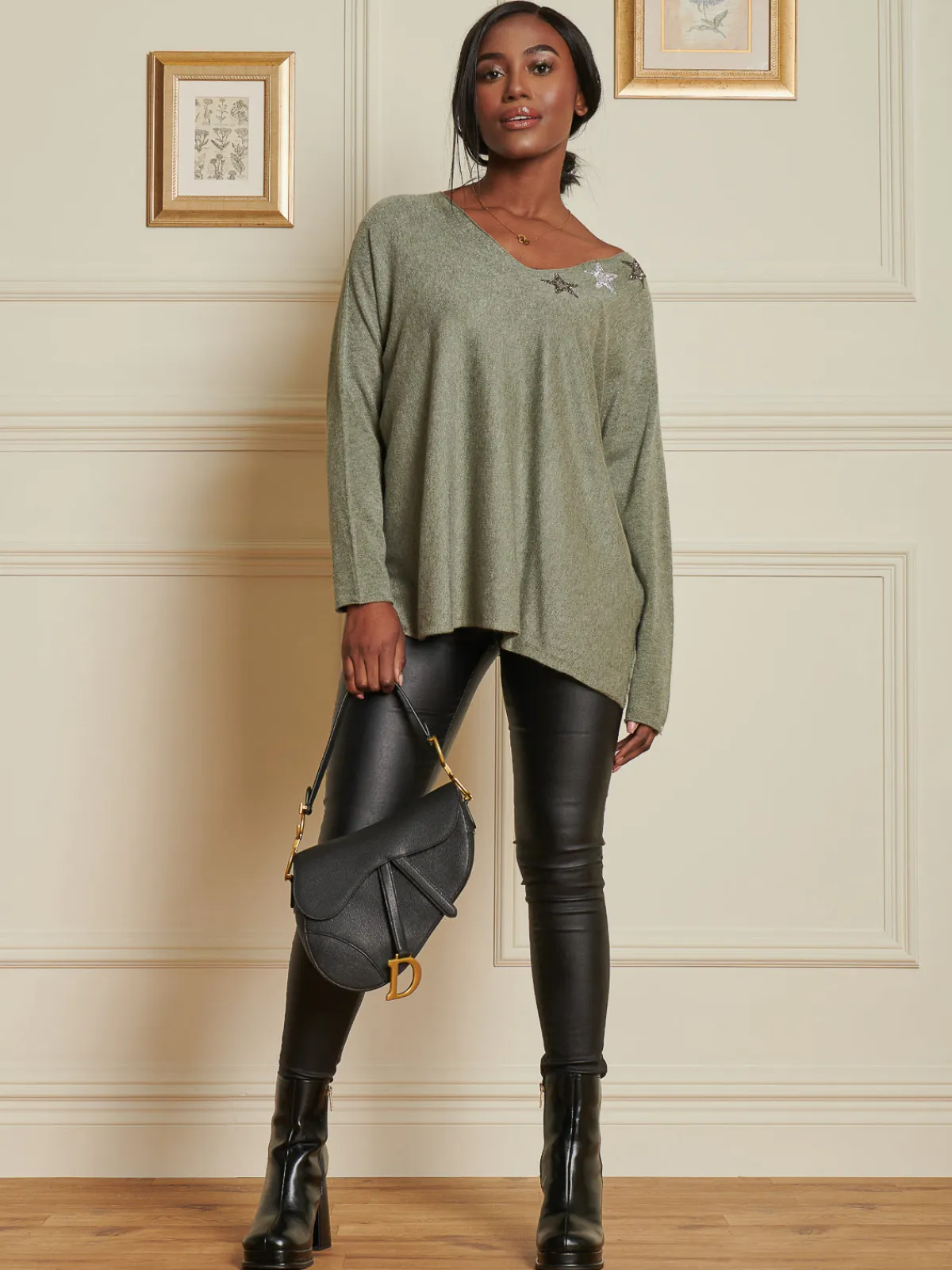 Jolie Moi Knitted Jumpers-Knitted Rhinest Star Neck Jumper, Khaki Green