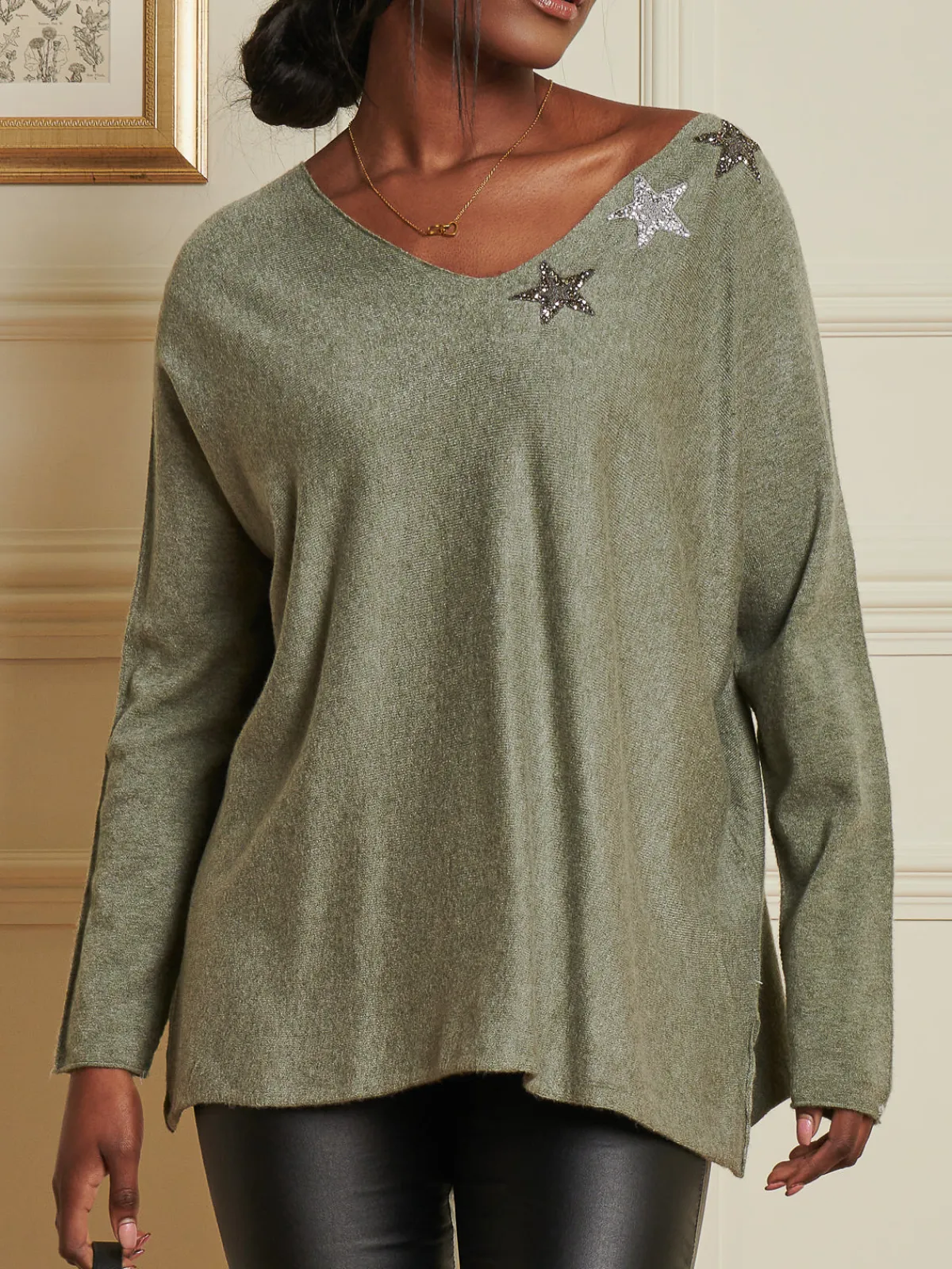 Jolie Moi Knitted Jumpers-Knitted Rhinest Star Neck Jumper, Khaki Green