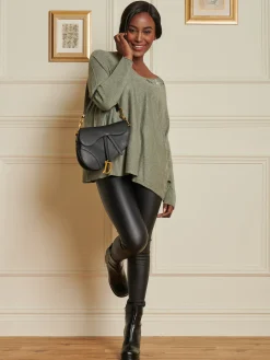 Jolie Moi Knitted Jumpers-Knitted Rhinest Star Neck Jumper, Khaki Green