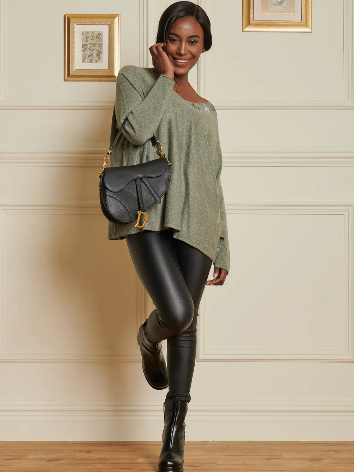 Jolie Moi Knitted Jumpers-Knitted Rhinest Star Neck Jumper, Khaki Green