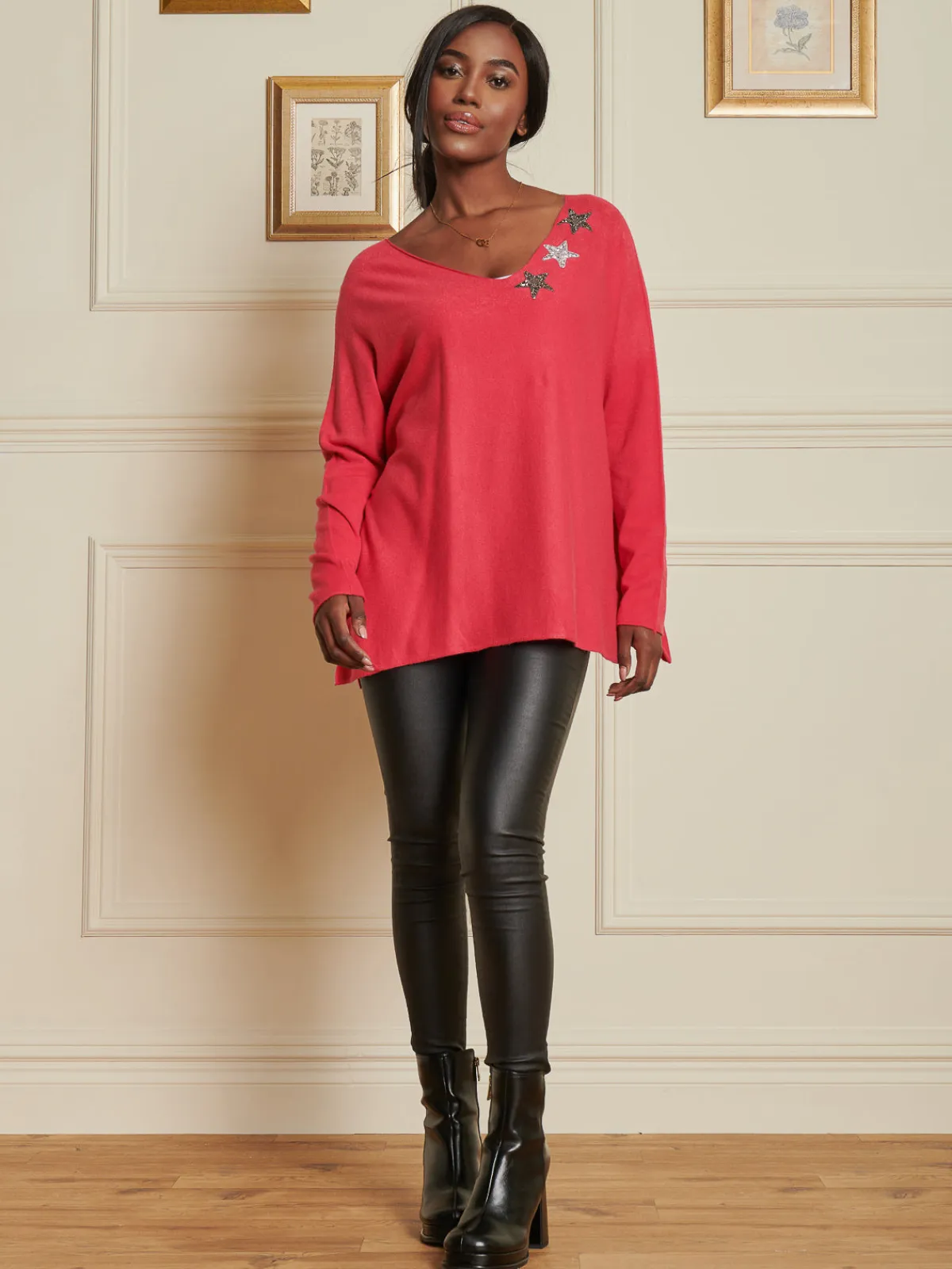 Jolie Moi Knitted Jumpers-Knitted Rhinest Star Neck Jumper, Punch Pink