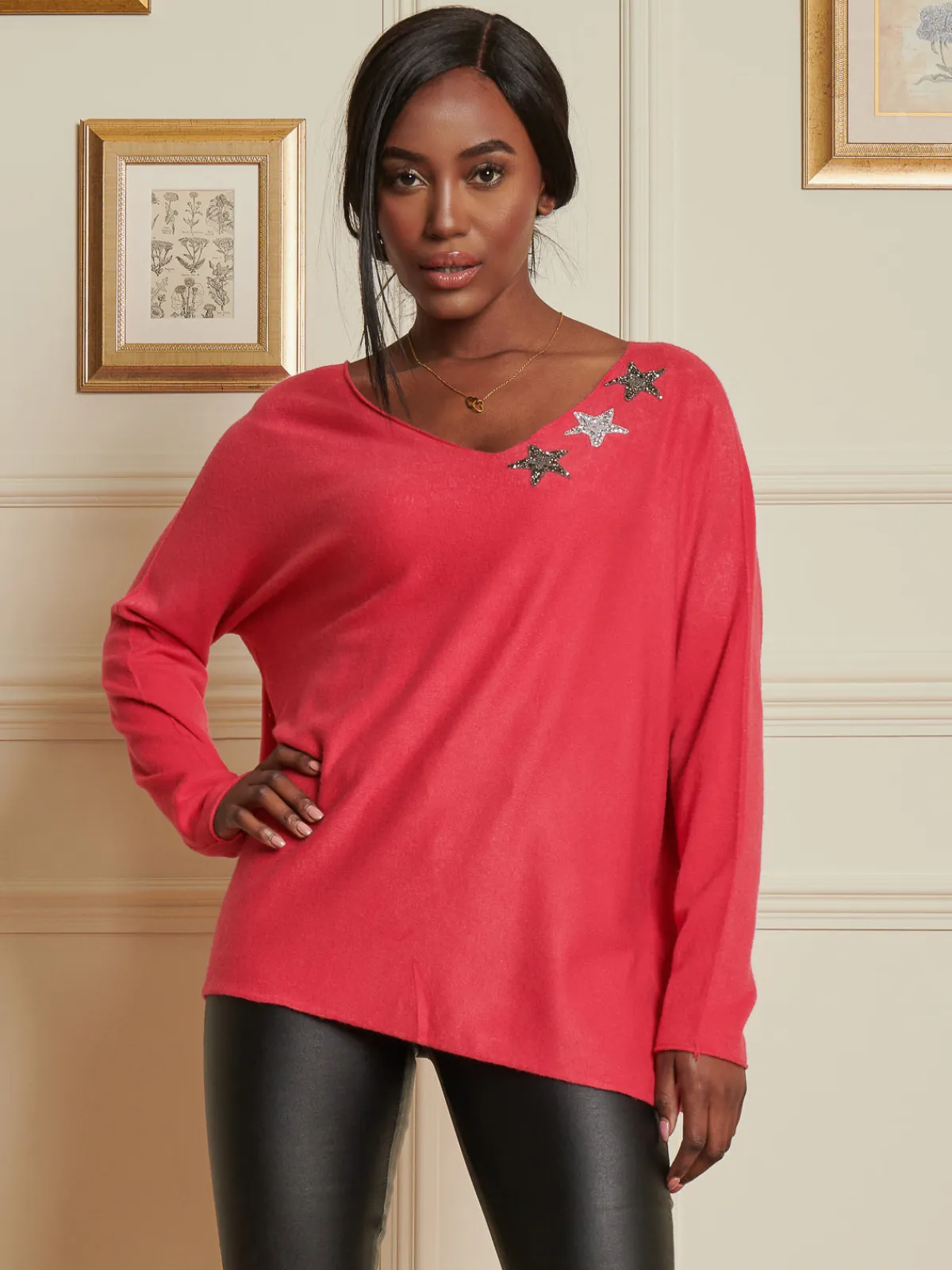 Jolie Moi Knitted Jumpers-Knitted Rhinest Star Neck Jumper, Punch Pink