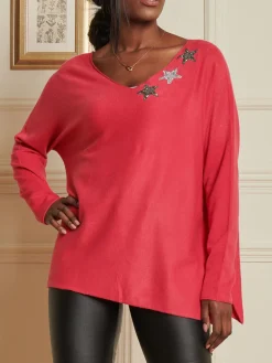 Jolie Moi Knitted Jumpers-Knitted Rhinest Star Neck Jumper, Punch Pink