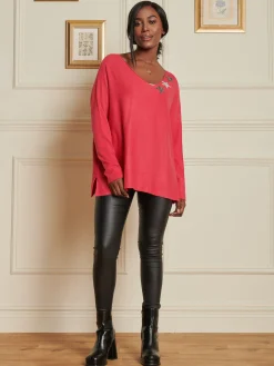 Jolie Moi Knitted Jumpers-Knitted Rhinest Star Neck Jumper, Punch Pink