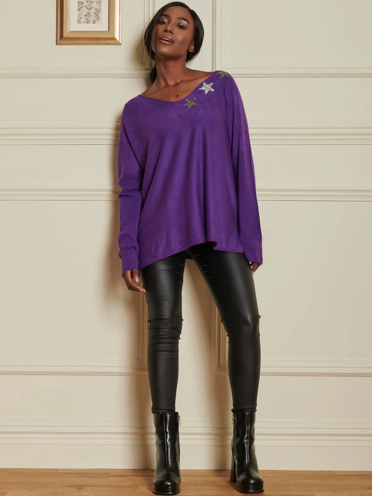 Jolie Moi Knitted Jumpers-Knitted Rhinest Star Neck Jumper, Purple