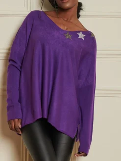 Jolie Moi Knitted Jumpers-Knitted Rhinest Star Neck Jumper, Purple