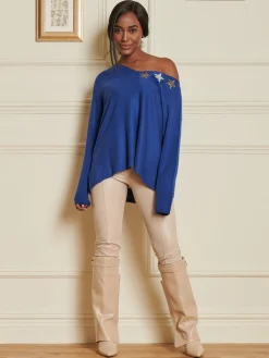 Jolie Moi Knitted Jumpers-Knitted Rhinest Star Neck Jumper, Royal Blue