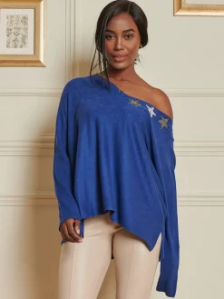 Jolie Moi Knitted Jumpers-Knitted Rhinest Star Neck Jumper, Royal Blue