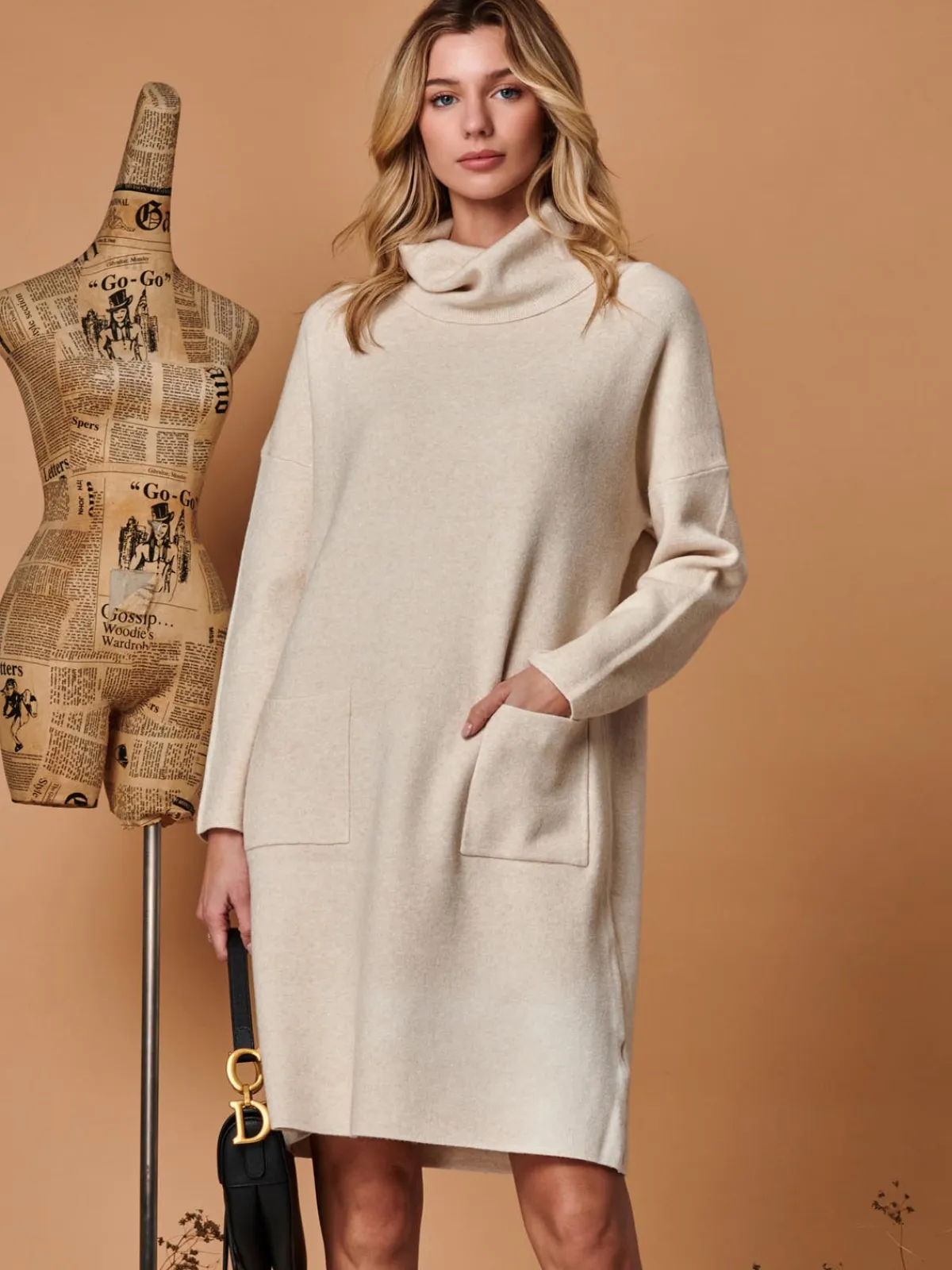 Jolie Moi Occasion Dresses|Weekend Casuals-Knitted Turtleneck Longline Jumper, Beige Heather