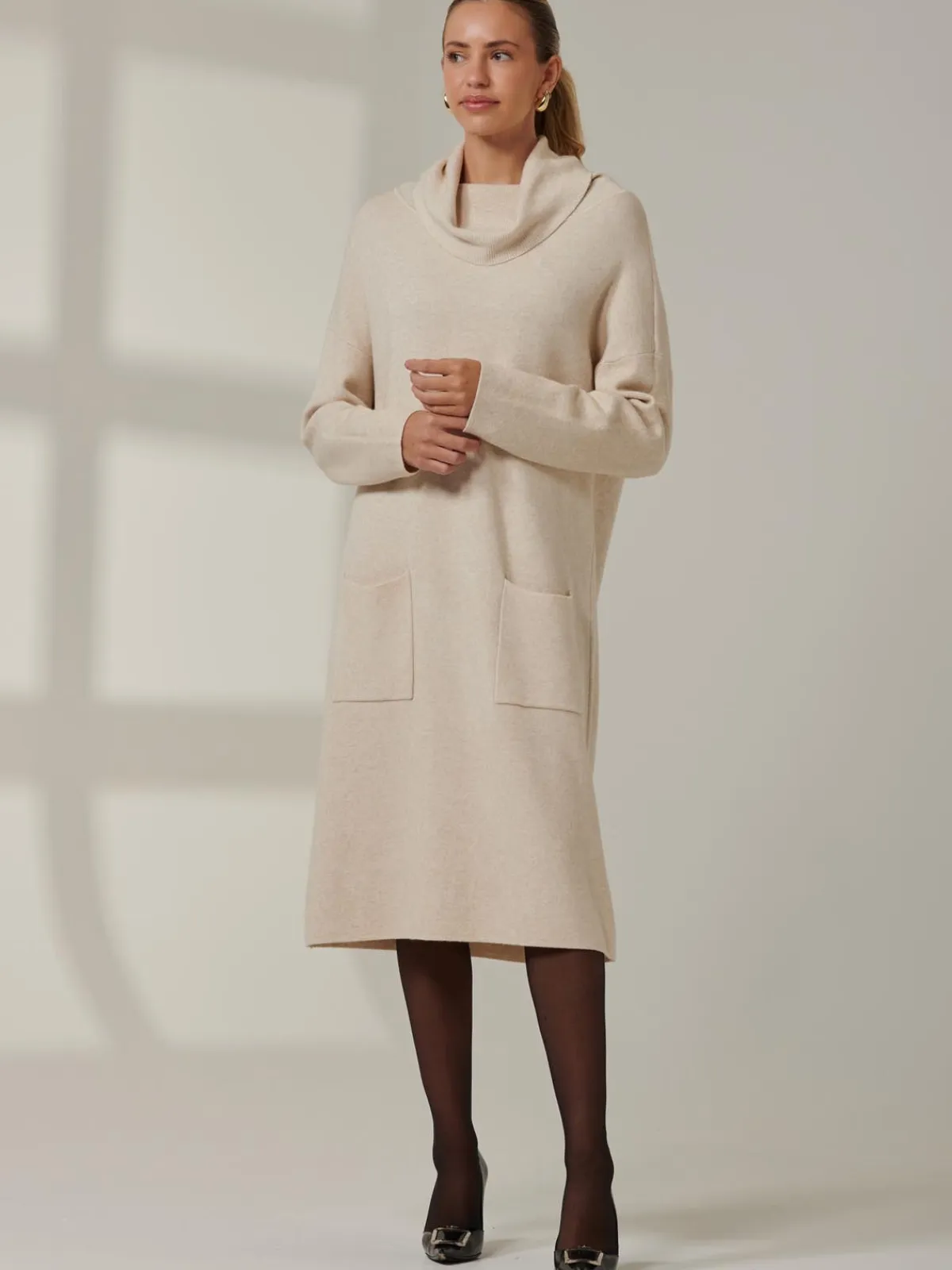 Jolie Moi Occasion Dresses|Weekend Casuals-Knitted Turtleneck Longline Jumper, Beige Heather