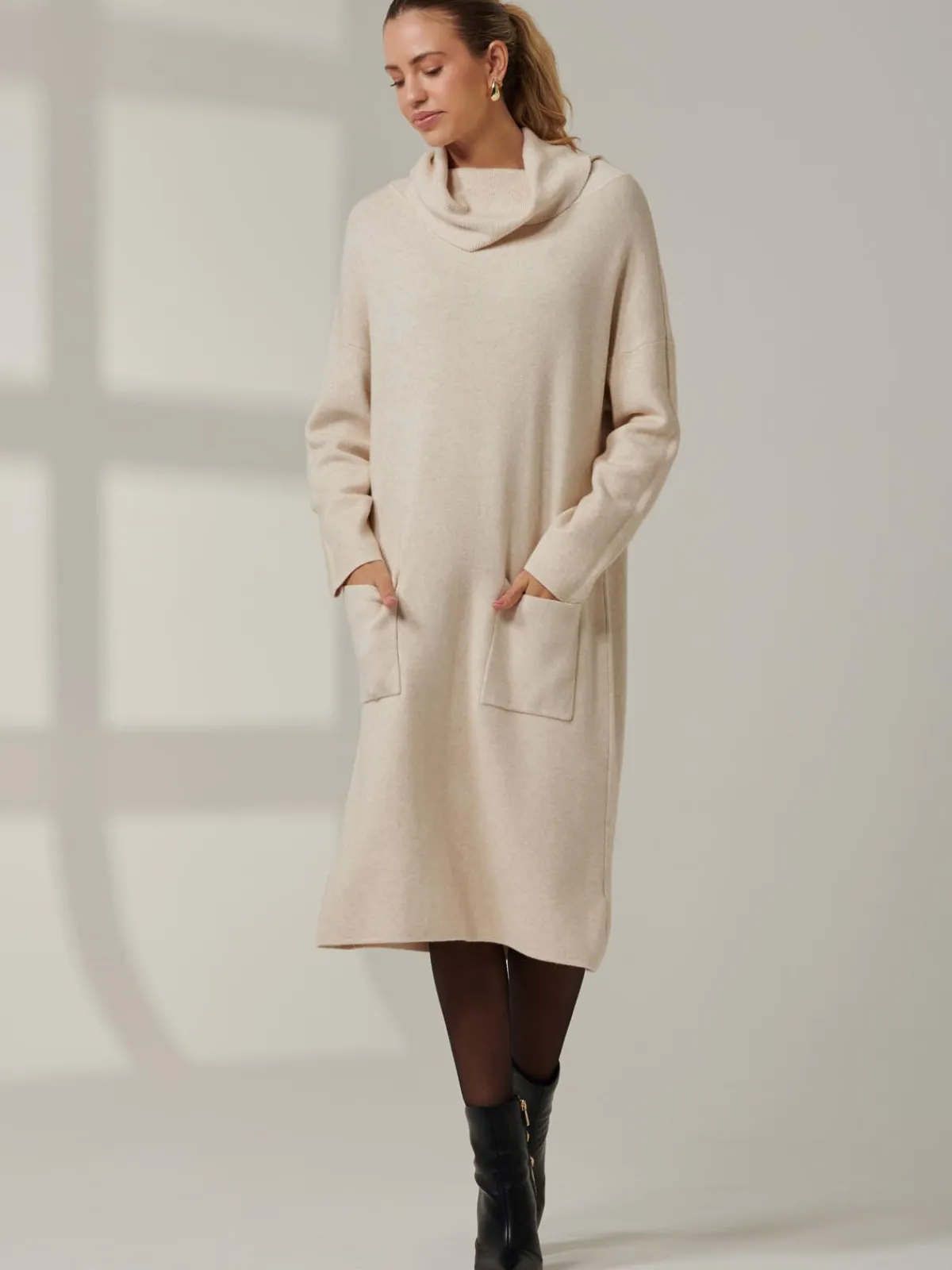 Jolie Moi Occasion Dresses|Weekend Casuals-Knitted Turtleneck Longline Jumper, Beige Heather