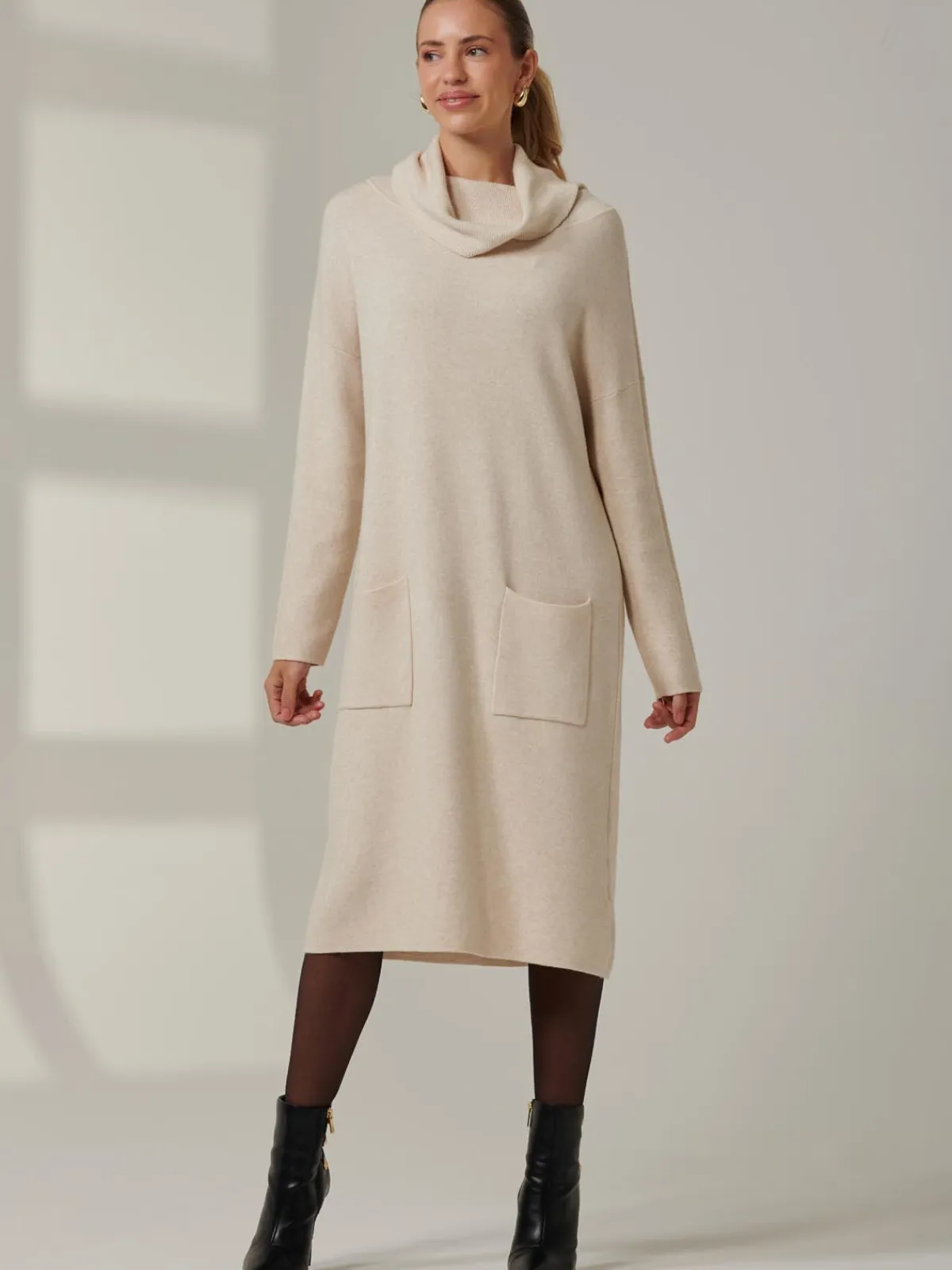Jolie Moi Occasion Dresses|Weekend Casuals-Knitted Turtleneck Longline Jumper, Beige Heather