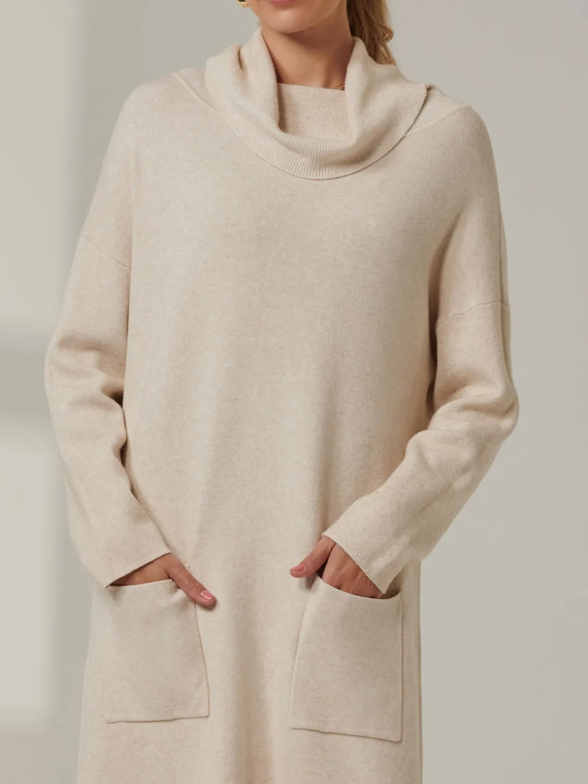 Jolie Moi Occasion Dresses|Weekend Casuals-Knitted Turtleneck Longline Jumper, Beige Heather
