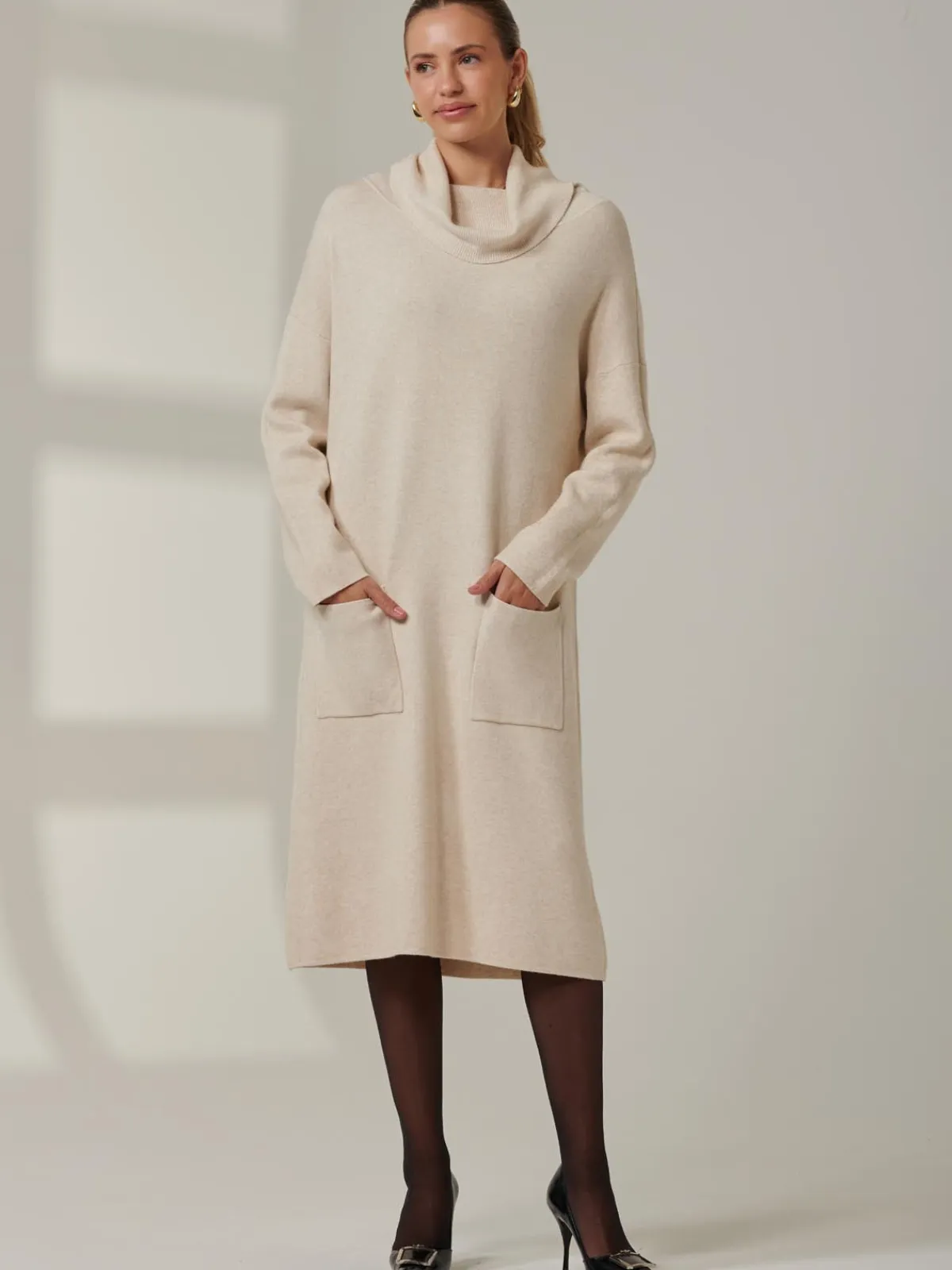 Jolie Moi Occasion Dresses|Weekend Casuals-Knitted Turtleneck Longline Jumper, Beige Heather