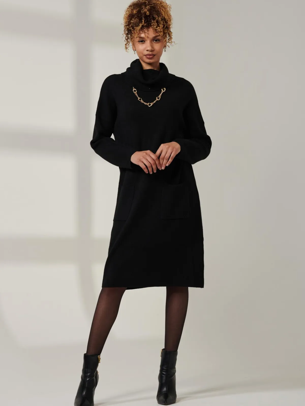 Jolie Moi Occasion Dresses|Weekend Casuals-Knitted Turtleneck Longline Jumper, Black