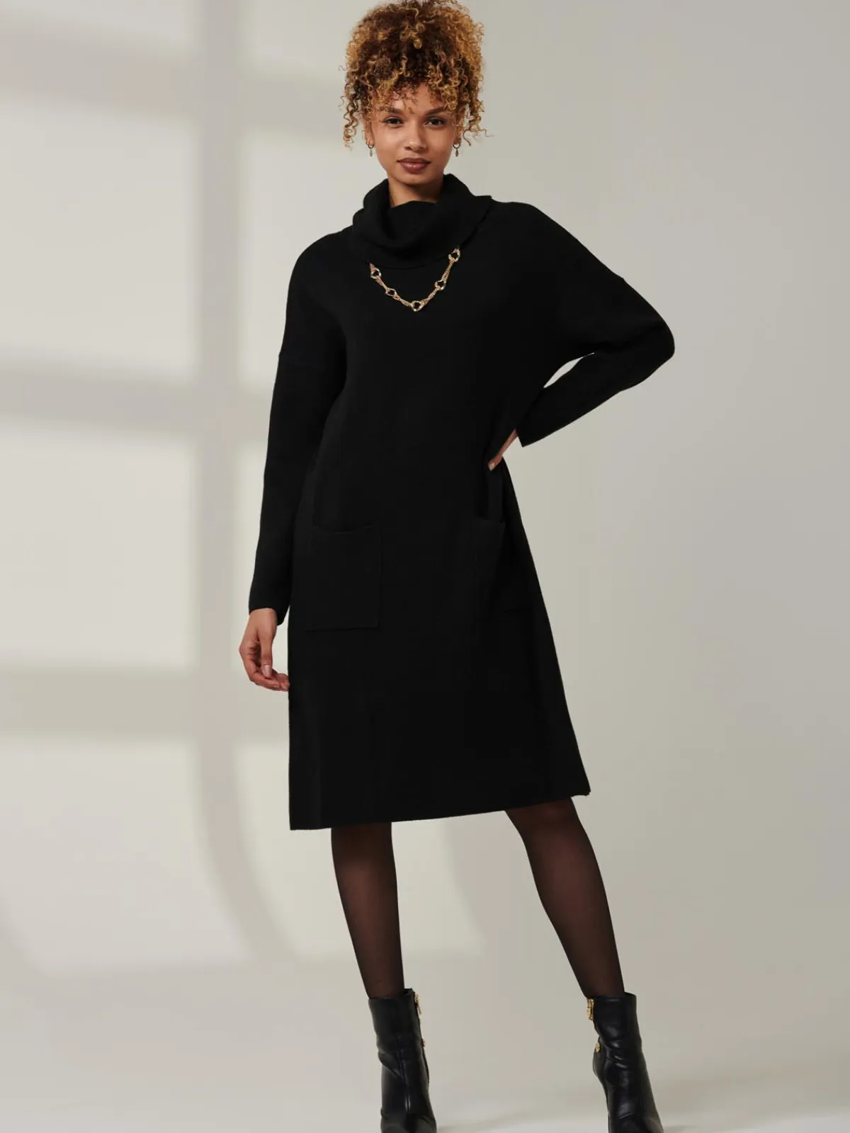 Jolie Moi Occasion Dresses|Weekend Casuals-Knitted Turtleneck Longline Jumper, Black