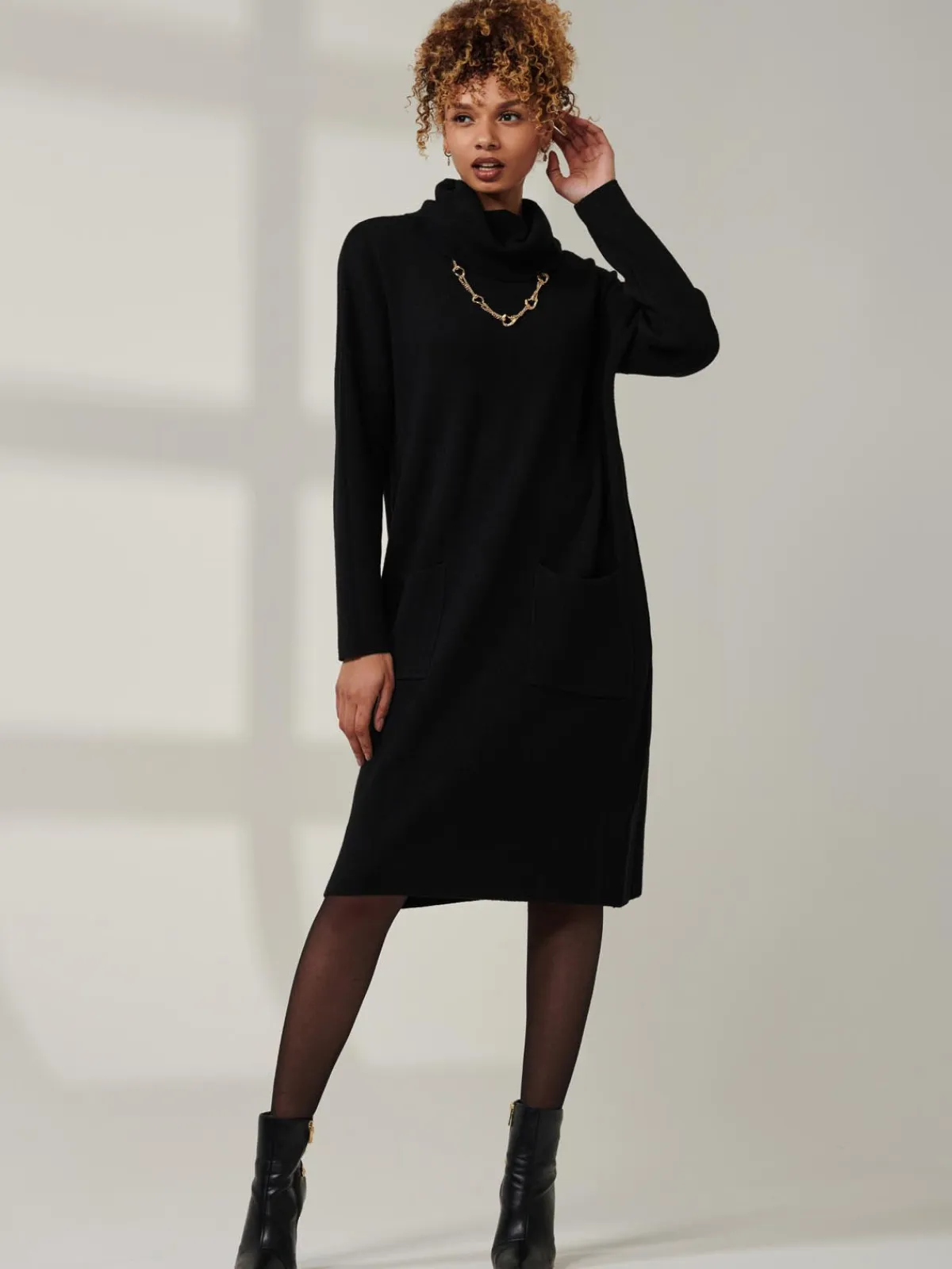 Jolie Moi Occasion Dresses|Weekend Casuals-Knitted Turtleneck Longline Jumper, Black